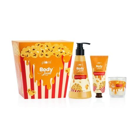 Plum BodyLovin’ Caramel Popcorn Gift Set: SLS-free body wash, non-greasy hand cream & scented candle in cozy caramel. Perfect gift!