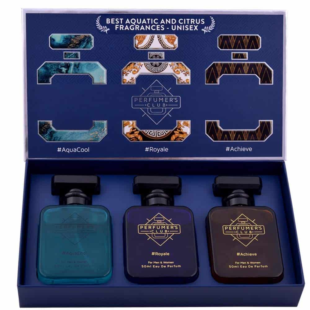 Perfumers Club "Best Fragrance for Unisex Aquatic and Citrus" Gift Set of 3 (AquaCool + Royale + Achieve) Upto 24 hrs lasting (Eau De Parfum)