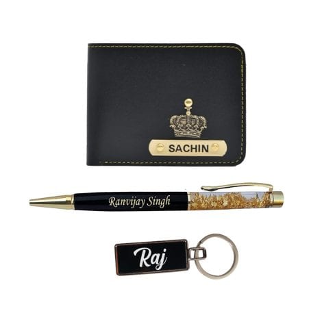 Customized Vegan Leather Men’s Wallet, Pen, and Metal Keychain Gift Set – Perfect for Birthdays and Boyfriends.