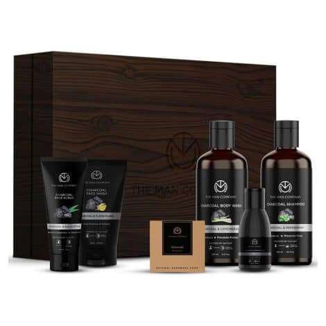 The Man Company Charcoal Combo Gift Set: Body Wash, Shampoo, Face Scrub, Face Wash, Cleansing Gel, Soap Bar – Ideal for Husband or Boyfriend.