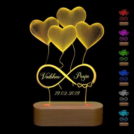 Customized Heart-shaped 3D LED Lamp with Wooden Base, Multicolor Light. Perfect for gifting loved ones.