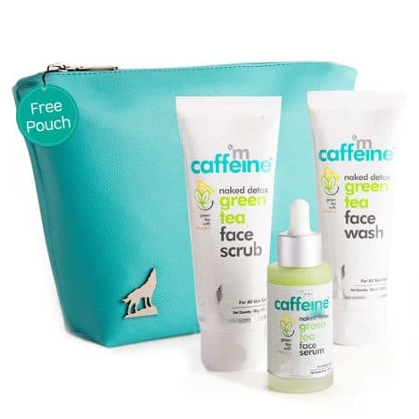 mCaffeine Skincare Kit for both genders with Vitamin C Face Serum, Face Wash & Face Scrub, infused with Green Tea for a refreshing detox. Includes a free Makeup Pouch. Suitable for all different skin types.