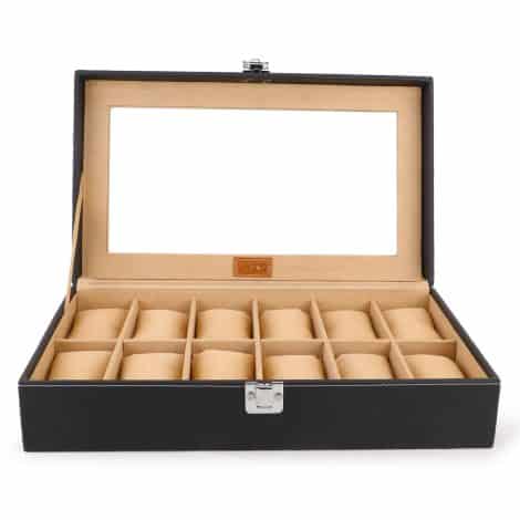 LEDO Watch Organizer for Men and Women: PU Leather Box, 12 Slots, Black & Cream.