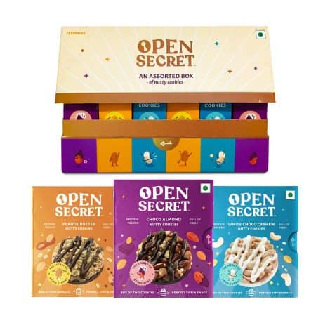 Variety pack of 48 Open Secret Cookies: Choco Almond, Peanut Butter, White Choco, Badam Nut flavors. Ideal Holi gift! Includes 2 gift boxes and 12 tiffin boxes.