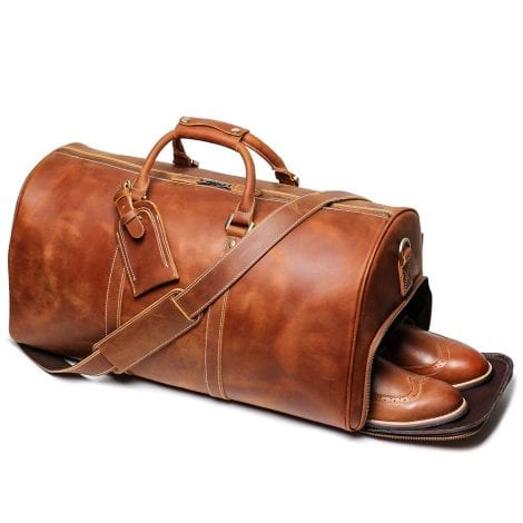 Brown Leather Travel Duffel Bag for Men, Retro Weekend Bag with Full Grain Leather, YKK Zipper.