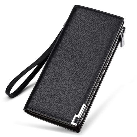 VANNANBA Men’s Genuine Leather Zipper Wallet: Stylish black wallet with ample storage for cards, ID, cash.