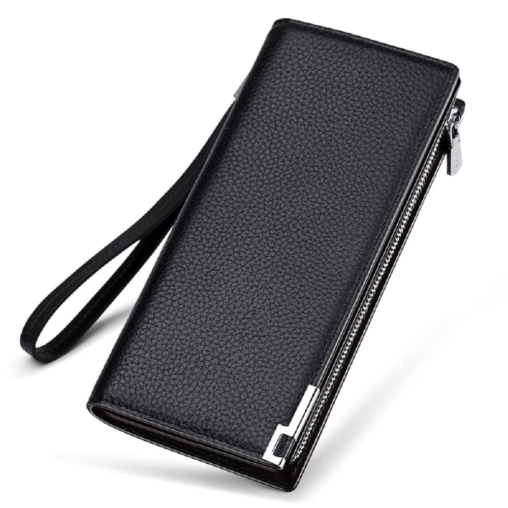 VANNANBA Long Wallet for Men Genuine Leather Zipper Wallet with 30 Card Slots|2 ID Windows|RFID Blocking|Wrist Strap|Cash Compartments|Gift Package,Large Capacity Organizer Accordion Wallet, Black, Modern