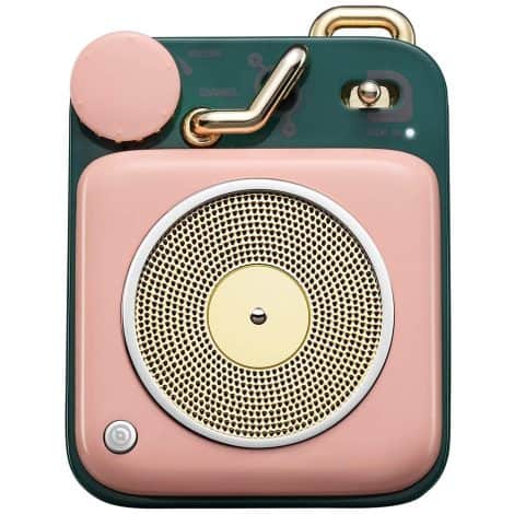 Cute vintage pink wireless speaker, rechargeable with loud volume, perfect for birthday celebrations and outdoor use.