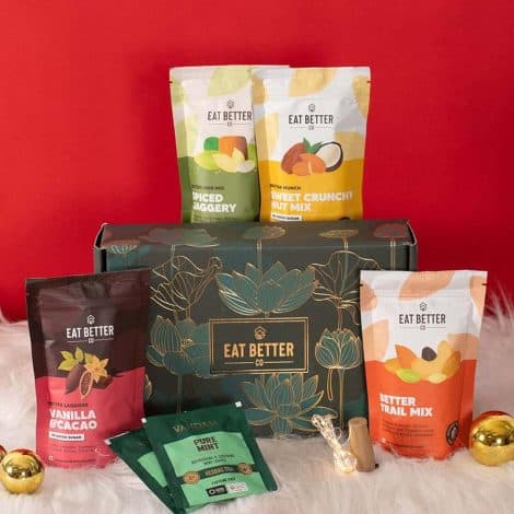 Eat Better Co – Festive Hamper with Tea, decorative lights – Perfect Secret Santa Gift Box – 4 Packs of Nut Mixes & Vanilla Chocolate Balls.