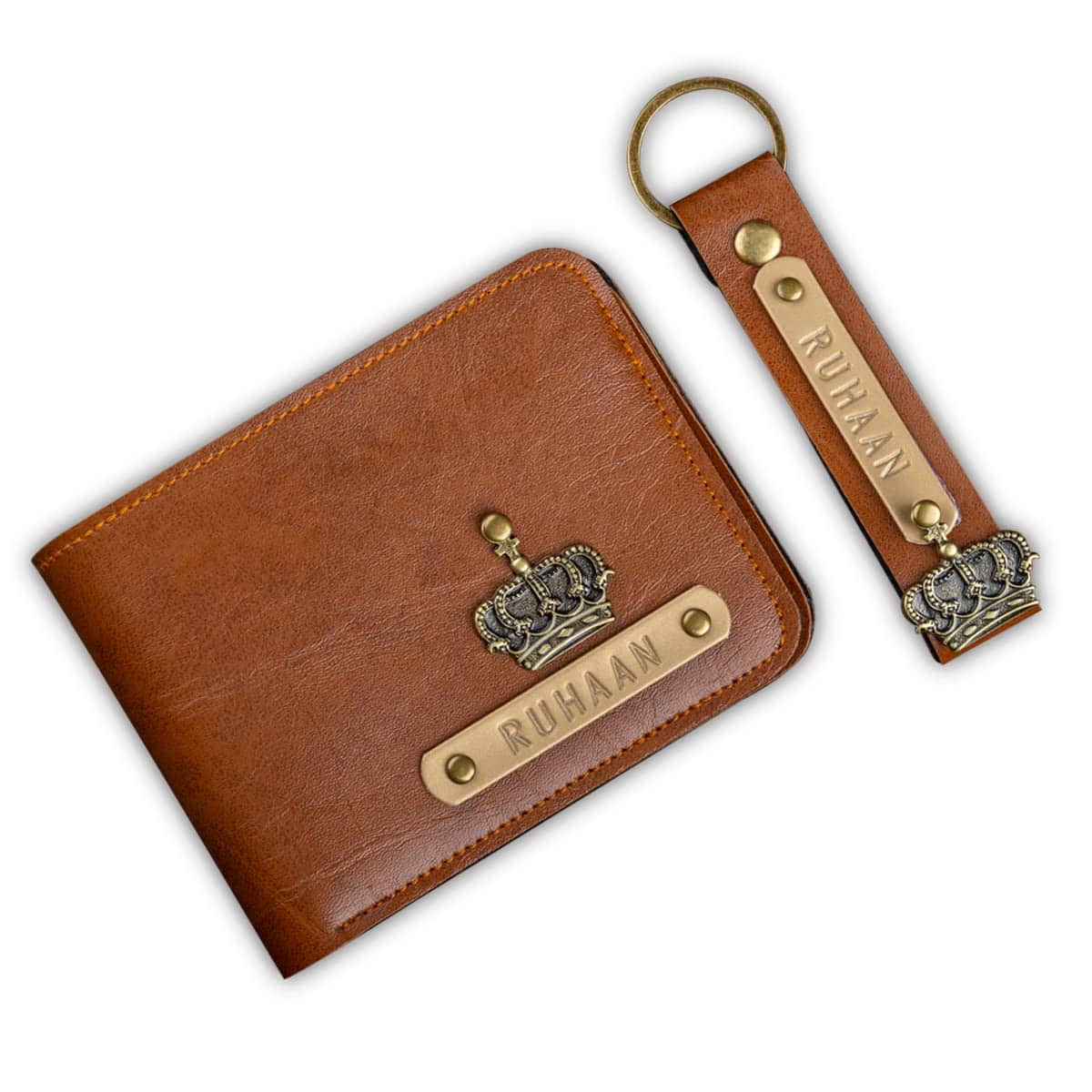 The Junket Customized Gifts For Men | Personalized Leather Wallet + Customised Keychain With Name Tag And Chams | Combo Set (Tan)