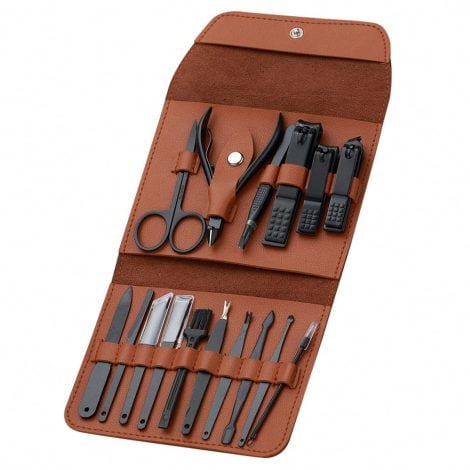 16-Piece Stainless Steel Manicure Pedicure Set in Leather Case, Ideal Gift for Men/Women (Brown).