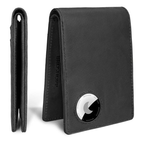 BROSHOPP AirTag wallet for men made of genuine leather, blocks RFID, has slots for cash and ID, fits Apple AirTag, comes in a gift box, black (Crazy Horse Leather), vintage style.