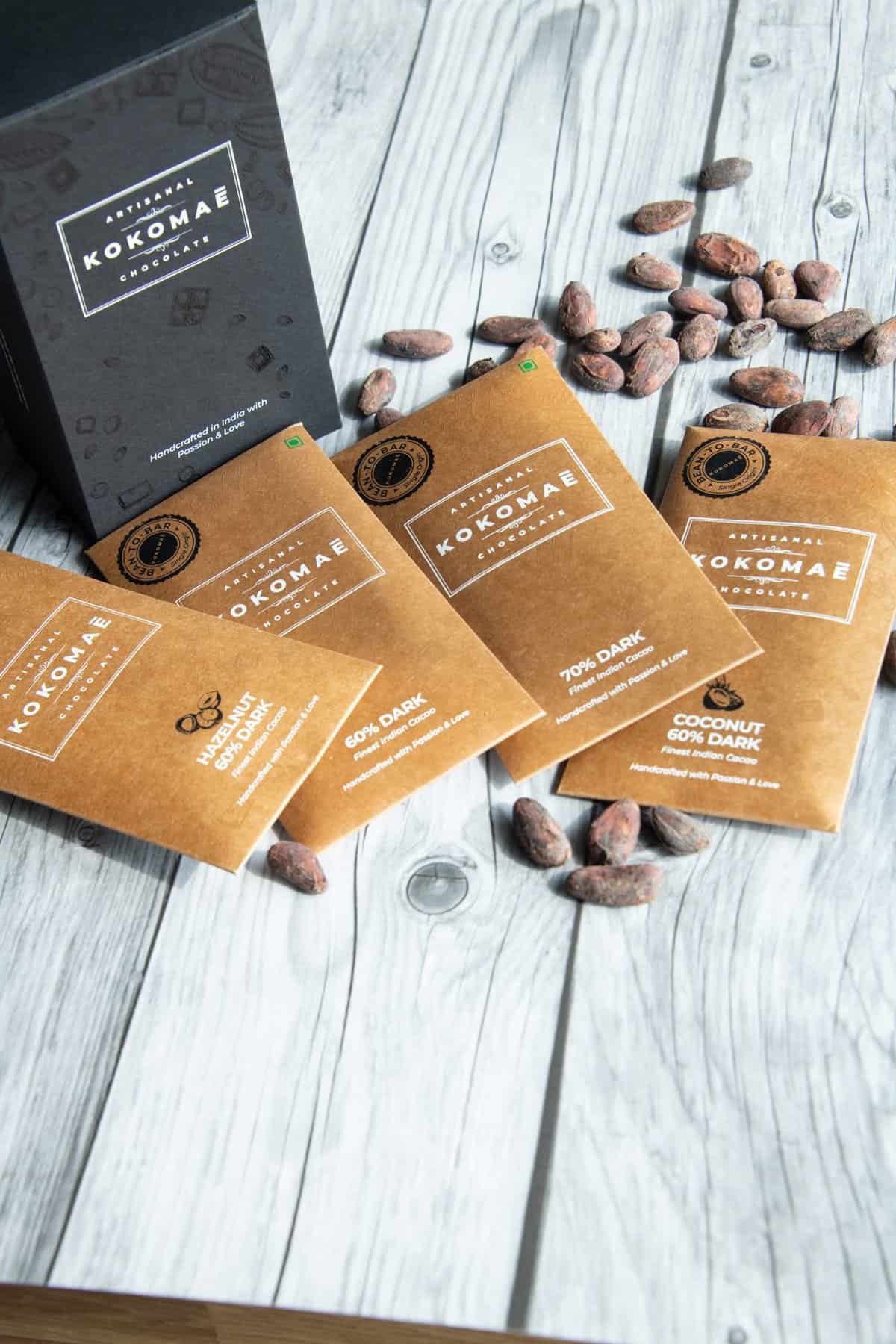 Kokomaē Premium Chocolate Gift Pack Hamper for Men & Women- Chocolates Hampers for Birthday & Anniversary- Bean to Bar Organic Dark Chocolate- 4 Flavours 60% Dark, 70% Dark, 80% Dark, 75% Sea Salt