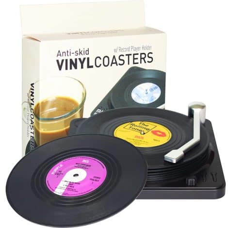 6 Vinyl Record Coasters with Holder, perfect for music lovers. Fun, unique gift for weddings or housewarming.