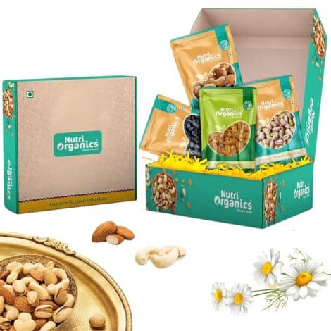 Nutri Organics Dry Fruit Celebrations Gift Box 800g is perfect for gifting on festivals, Rakhi, Diwali, and New Year. Ideal for corporate employees, friends, family, and office clients.