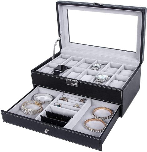 YUXANA Watch Box: 12 Slot Leather Case, Lockable Drawer, Glass Top. Ideal for Men, Women, Husband, Dad! Perfect Birthday Gift!