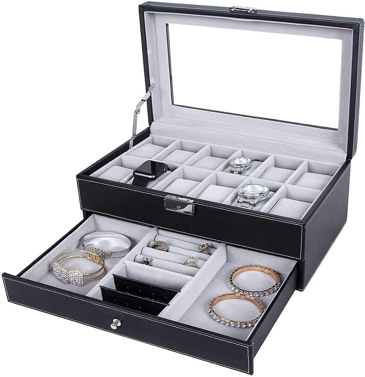 YUXANA Watch Box 12 Slot Watch Display Organizer Leather Jewelry Case Drawer Glass Top Lockable, Birthday for Men Women, Child Husband Dad