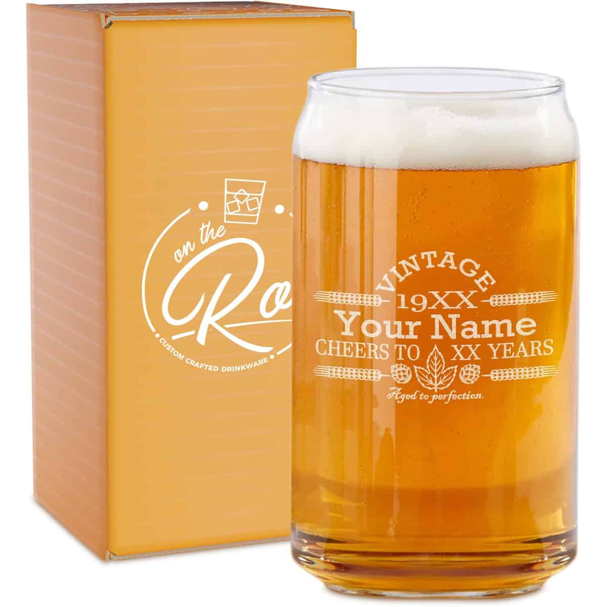 Customized Beer Can Glass-Personalized-Birthday Beer Glass-Engraved-Vintage-Cheers-Aged To Perfection-Birthday Gift-Etched Beer Glass-Barware (1)