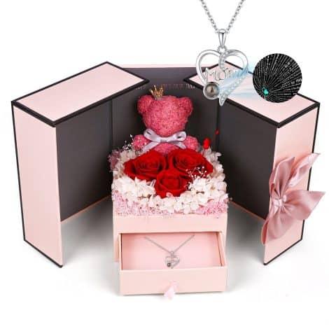 Preserved Rose Gift Set: “I Love You” Necklace in 100 Languages with Heart & Mom Jewelry Design. Perfect for Indian mothers!