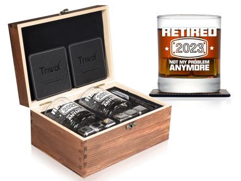 2023 Retirement Celebration Gift Set: Whiskey Glass, Wooden Box, Fun Farewell, Perfect for Boss, Coworkers, Family, Friends.