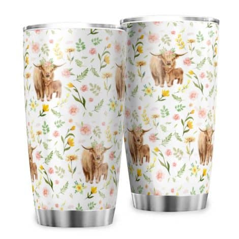 Highland Yak Retro Floral 20oz Tumbler – Insulated Car Coffee Mug, Ideal Gift for Travel.