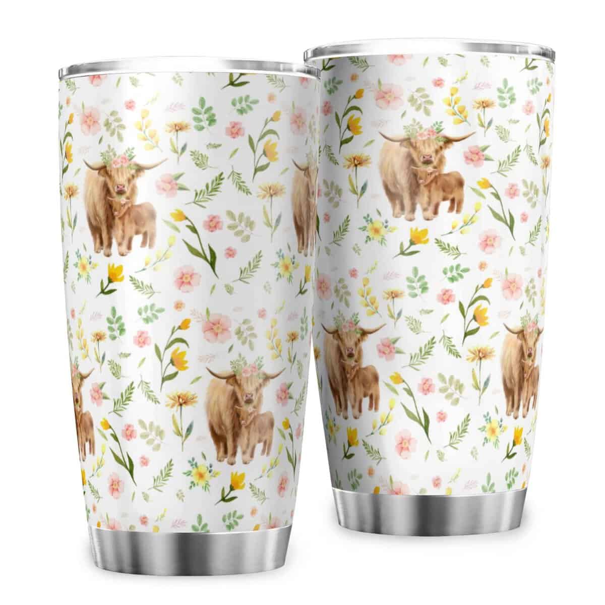 Ynbuyouzhong Highland Yak Flowers 20oz Tumbler with Lid Highland Yak Retro Flowers Vacuum Insulated Car Coffee Mug Farmhouse Cattle Travel Gift Cups