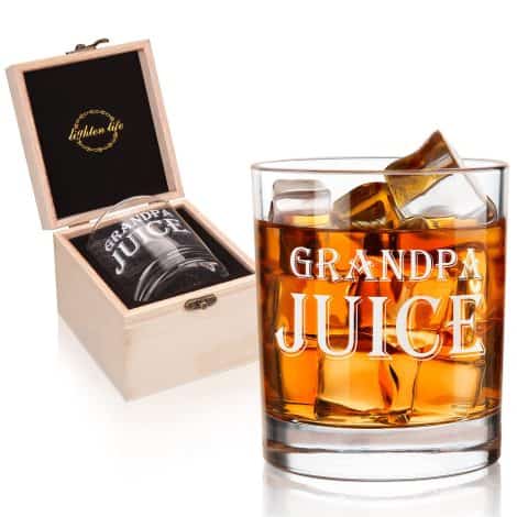 “Illuminate Life Wooden Box with Funny 12oz Whiskey Glass, Ideal Gift for New Grandpa!”