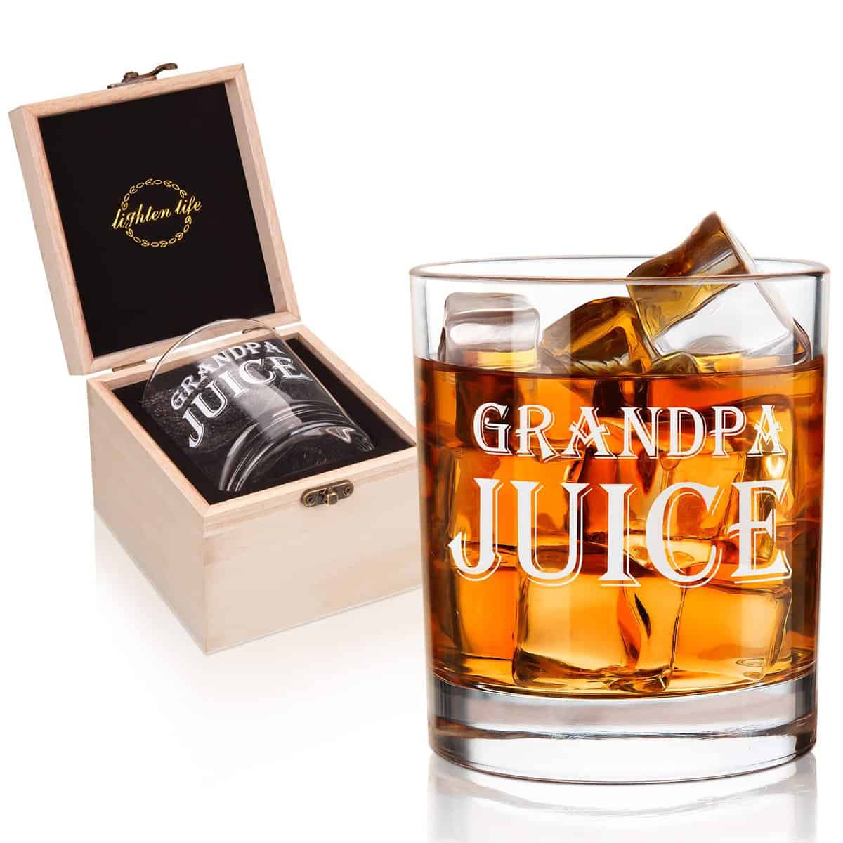 LIGHTEN LIFE Grandpa Juice Whiskey Glass,Unique Grandpa Gifts in Valued Wooden Box,Funny Grandpa Gifts Ideas for New Grandpa,Birthday from Grandson,Granddaughter,12 oz Old Fashioned Glass for Men