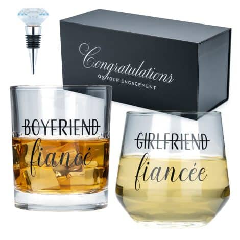 Newlywoo Engagement Gift Set: Exquisite Wine and Whiskey Glasses with Diamond Wine Stopper for Indian Couples.