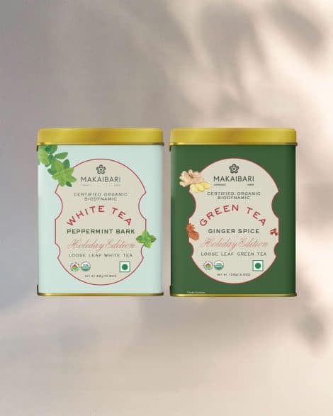 Makaibari Festive Edition: Ginger-infused Green Tea & White Peppermint Bark | High-quality Tea | Enhances Immunity | Attractive Tin