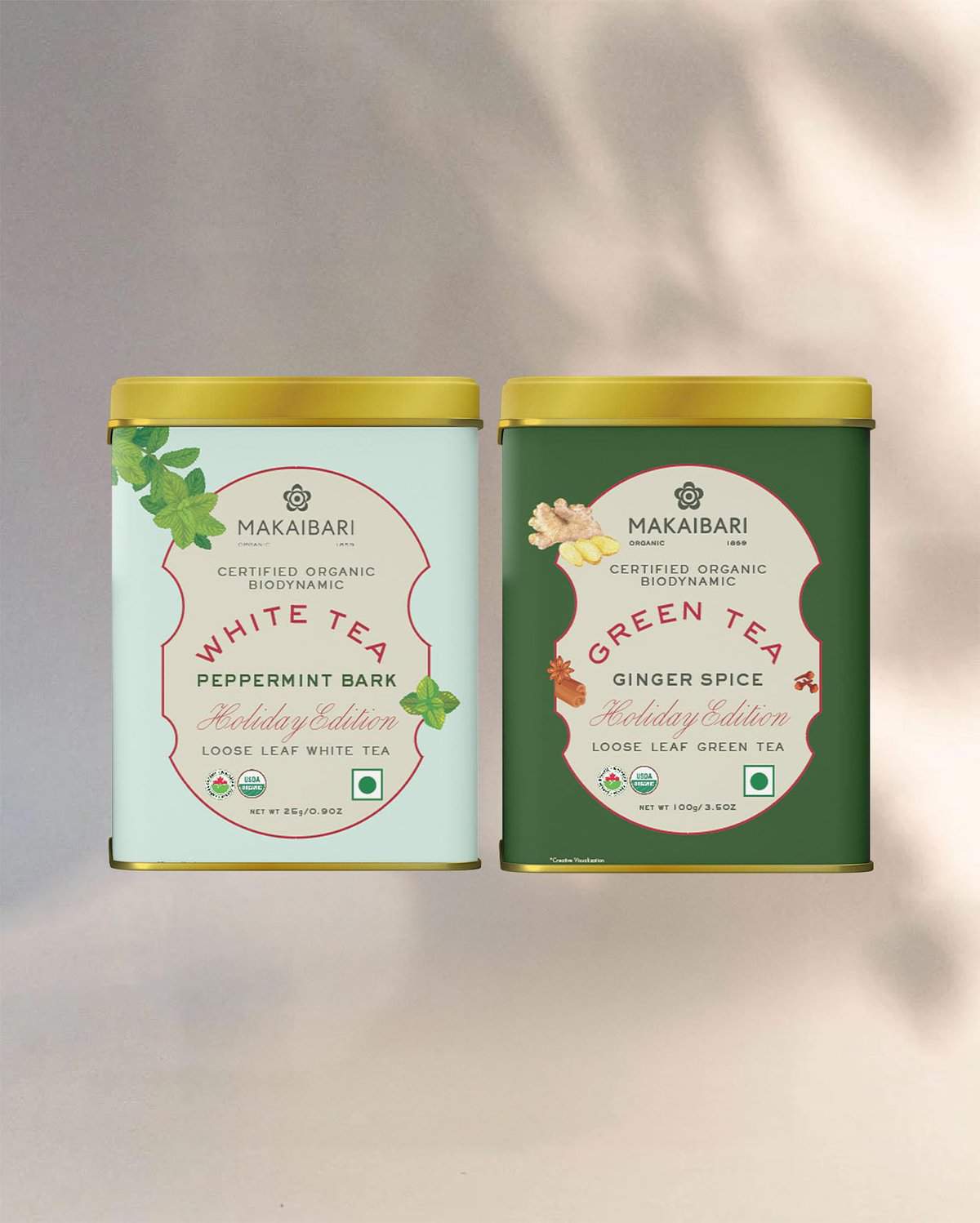 Makaibari Holiday Edition : Ginger Spice Green Tea & White Peppermint Bark | USDA Certified Premium Tea | Anti-Oxidants, Immunity Booster | Tin Caddy