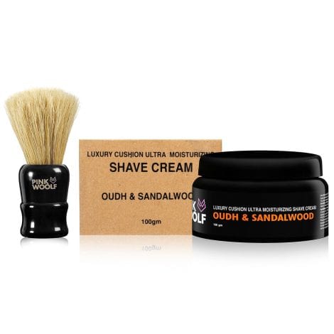 Luxurious Pink Woolf Shaving Kit: Cream, Brush – Black Handle | Rich Lather, Close Shave | Oudh & Sandalwood scent.