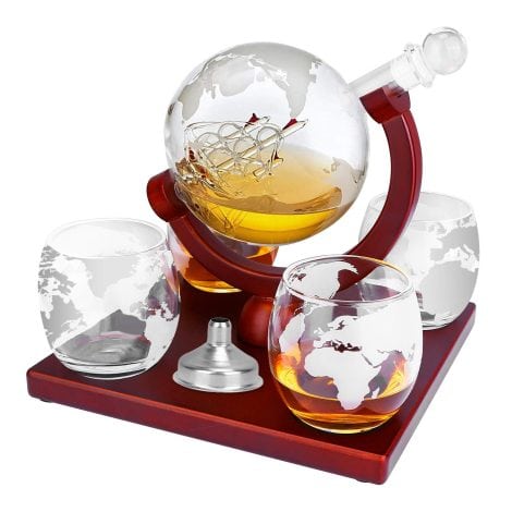 TeqHome Globe Decanter Set with 4 Glasses and Stainless Steel Funnel, for Liquor, Scotch, Bourbon, 1000ml.