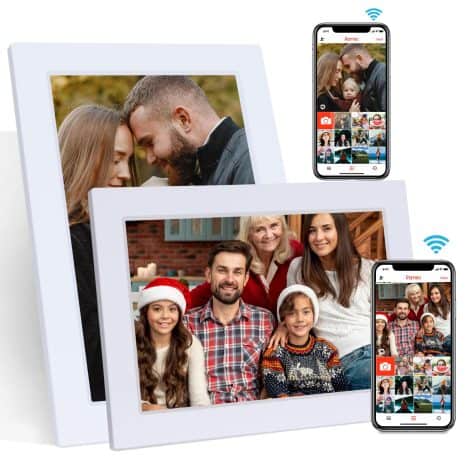 “Enjoy your memories with SZSLG 10.1 inch Digital Photo Frame, featuring WiFi and cloud-based FRAMEO app.”