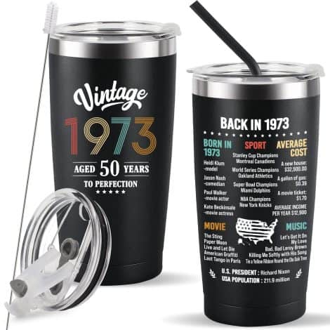 50th Birthday Gift for Men and Women, 50 Year Old Birthday Present, Happy 50th Birthday Gift for Mom, Dad, Grandma, Grandpa – 20oz Black Tumbler Cup – Ideal Fifty Birthday Gift.