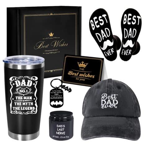 Father’s Day Gift Set from Loved Ones, Incredible Gifts for Amazing Dads, 6pcs Pack with Tumbler, Hat, Candle, Socks, Keychain, Card