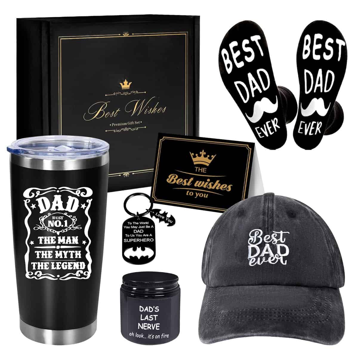 AYGE Father‘s Day Gifts from Daughter Wife Son, Awesome Dad Gifts, 6pcs Funny Gifts Set for Dad Who Wants Nothing, With 20oz Tumbler/Baseball Hat/Scented Candle/Socks/Keychain/Greeting Card