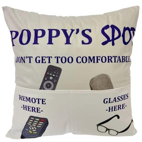 Poppy-themed 18×18 inch pillow covers and an engraved spoon, perfect for Father’s Day, birthdays, and more.