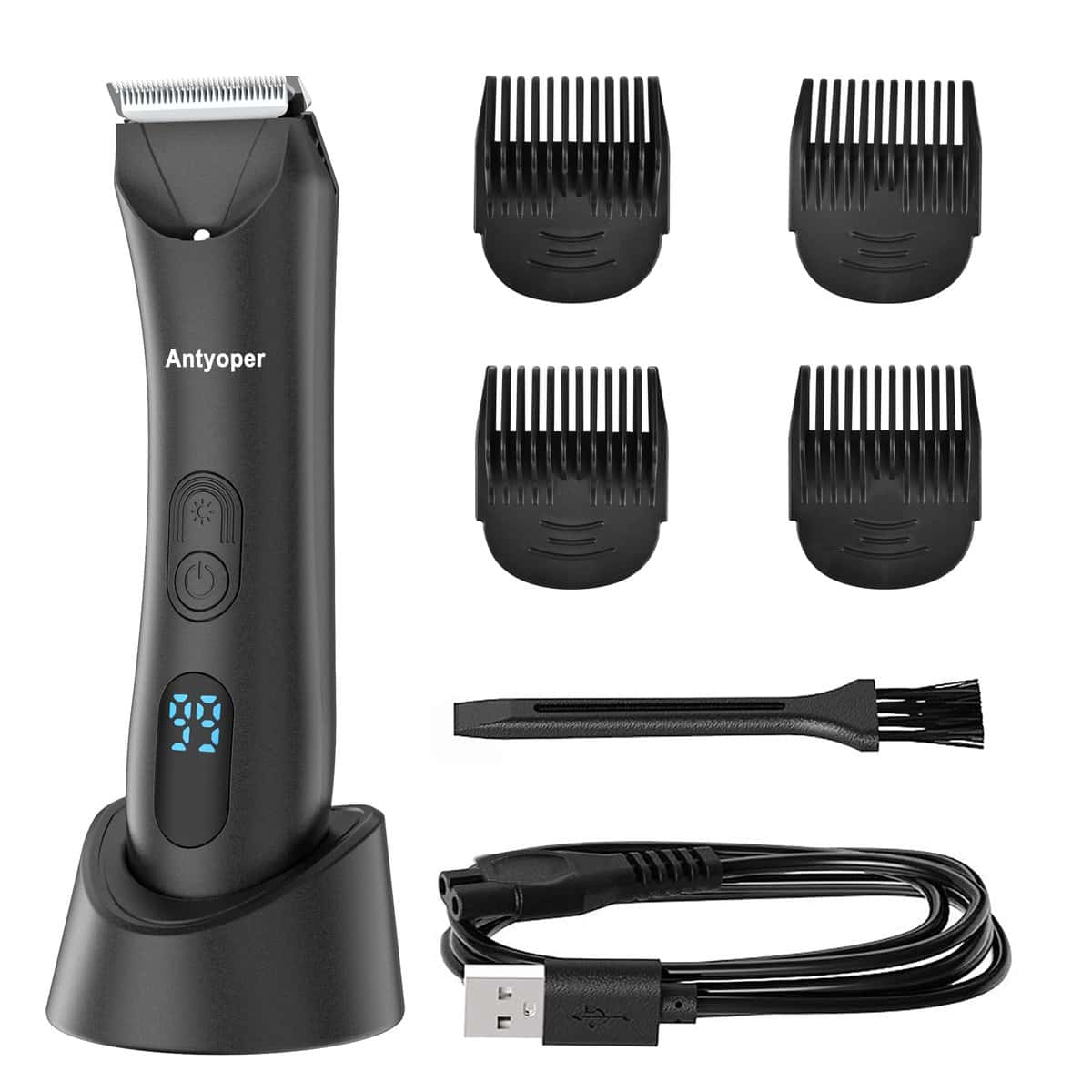 Antyoper Electric Groin Hair Trimmer with Ceramic Blade Heads, Waterproof Wet/Dry Clippers, Recharge Dock, Body Shavers for Men, Male Hygiene Grooming Razor