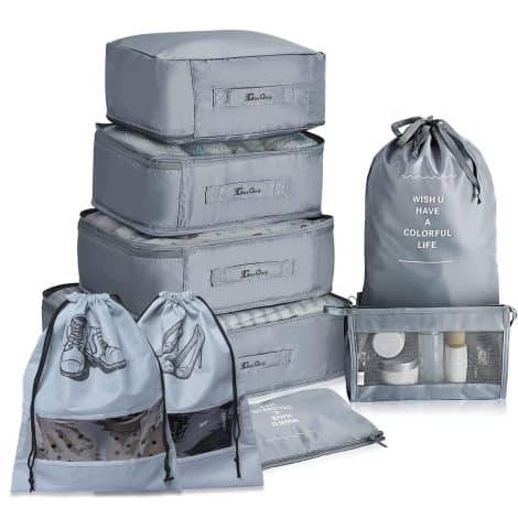 GaxQuly 9-pc travel organizer set in Grey – Space-saving organizers for clothes, shoes, makeup, toiletries, and more.