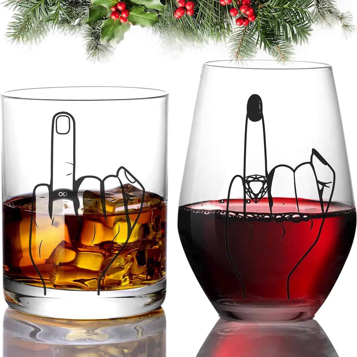 Engagement Gift for Couples - Funny Wedding Gifts,Unique Bridal Shower Gifts,Ring Finger Wine&Whiskey Glass Set,Gift for Mr and Mrs,Newlywed,His and Hers18.5,13.8OZ(Black)