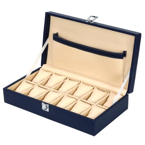 Blue PU Leather Watch Box with 12 Slots to Organize and Display Accessories for Men and Women.