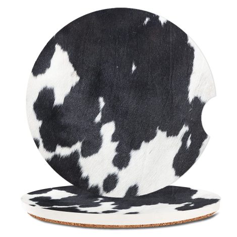 Cow Print Car Coasters: Absorbent Ceramic Drink Coasters with White and Black Design, Ideal for Indian Buyers!