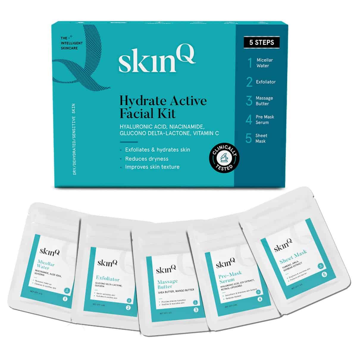 SkinQ Hydrate Active Facial Kit (Single-Use) for All Skin Types with Vit C, Niacinamide & Hyaluronic Acid | SkinCare Kit for Men & Women to Exfoliate, Reduce Dryness & improve Skin Texture (Pack of 2)