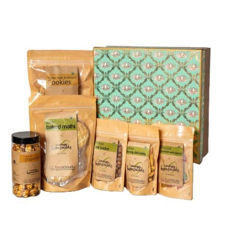 Foodcloud.in offers a delightful selection of Indian snacks in a pack of 6, including cookies, popcorn, and more.