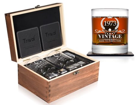 Funny 50th birthday gift set including vintage 1973 whiskey glass and stones; perfect for Dad, husband, or brother.