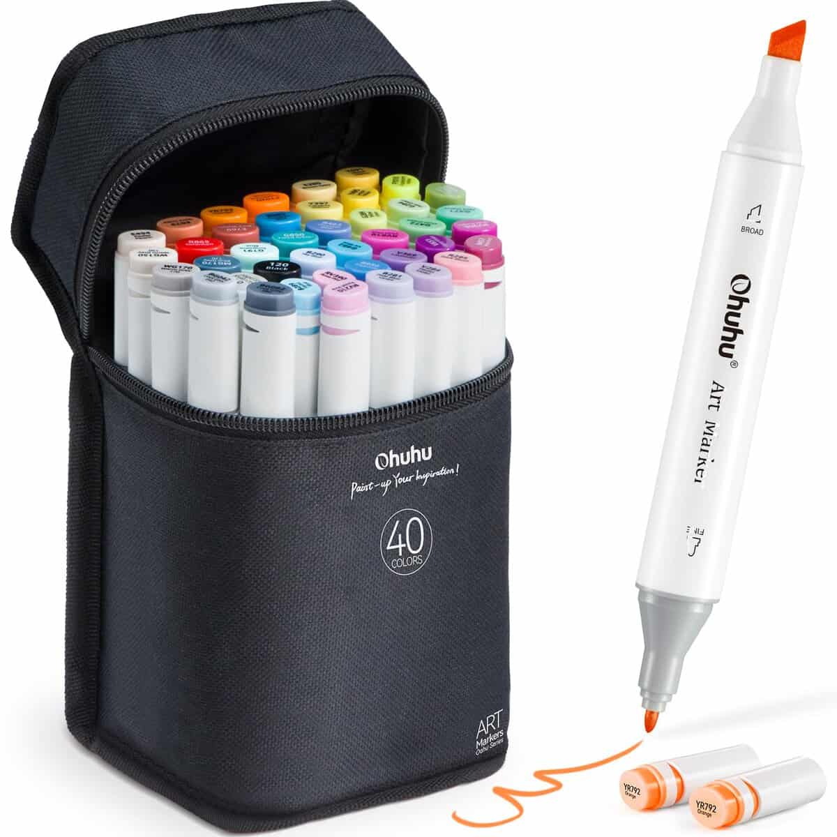 Ohuhu 40 colour Alcohol Markers, Double Tipped Chisel & Fine Alcohol-based Art Markers for Kids, Adults Coloring Drawing Illustrations, 1 Alcohol Marker Blender Included, Great Gift Idea, Black