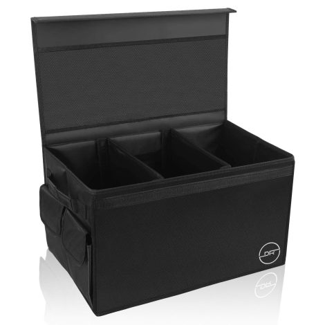 Black Portable Car Trunk Organizer with Multiple Compartments and Lid for Indian SUVs and Minivans.