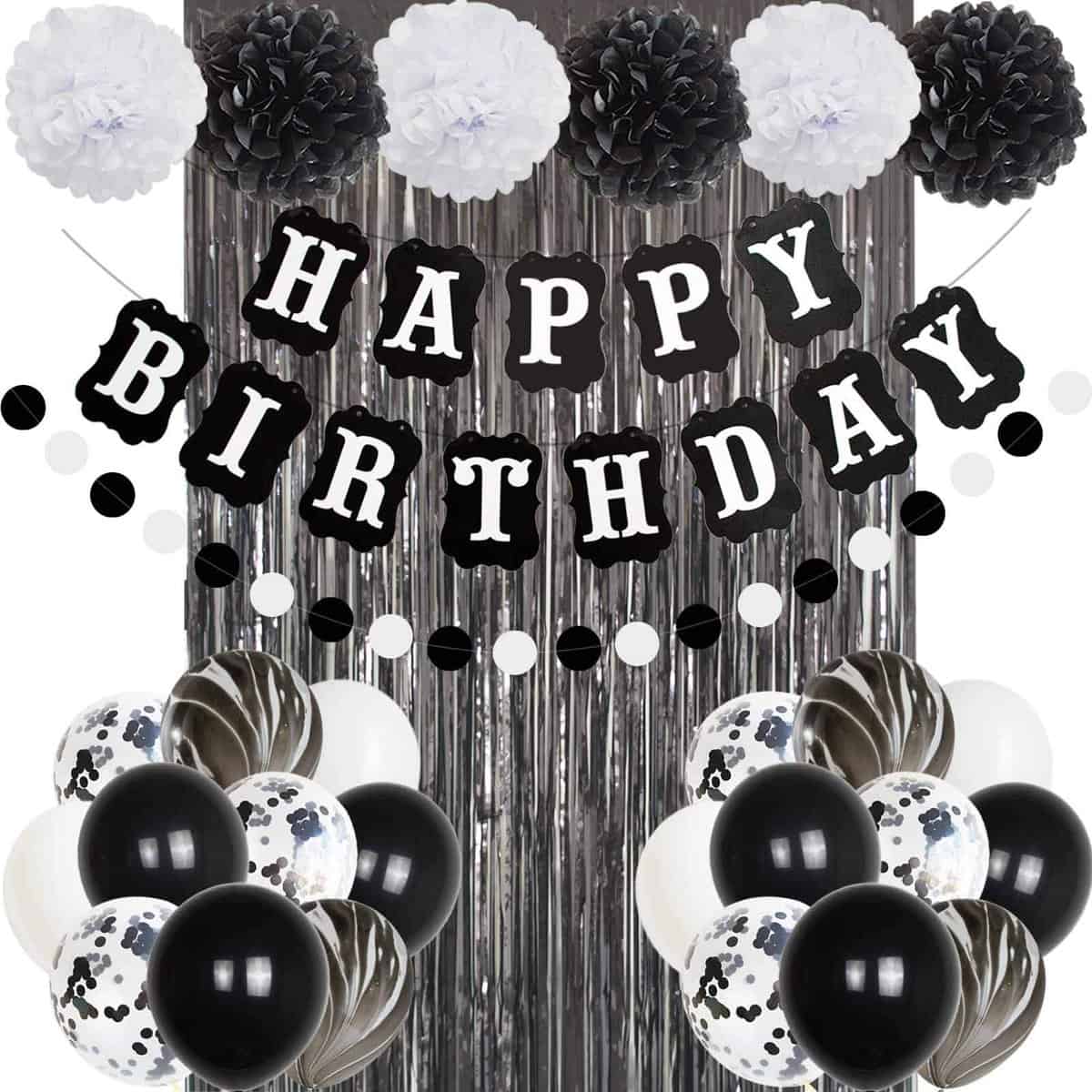 ANSOMO Black and White Happy Birthday Party Decorations, 30 Pcs Balloons Banner Foil Fringe Curtains, for Men Women