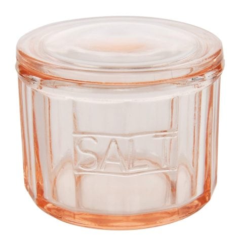 Pink Depression Glass Salt Cellar with Lid – Vintage Kitchen Decor, Perfect Wedding Gift – Size: 3.5″H x 4″D.